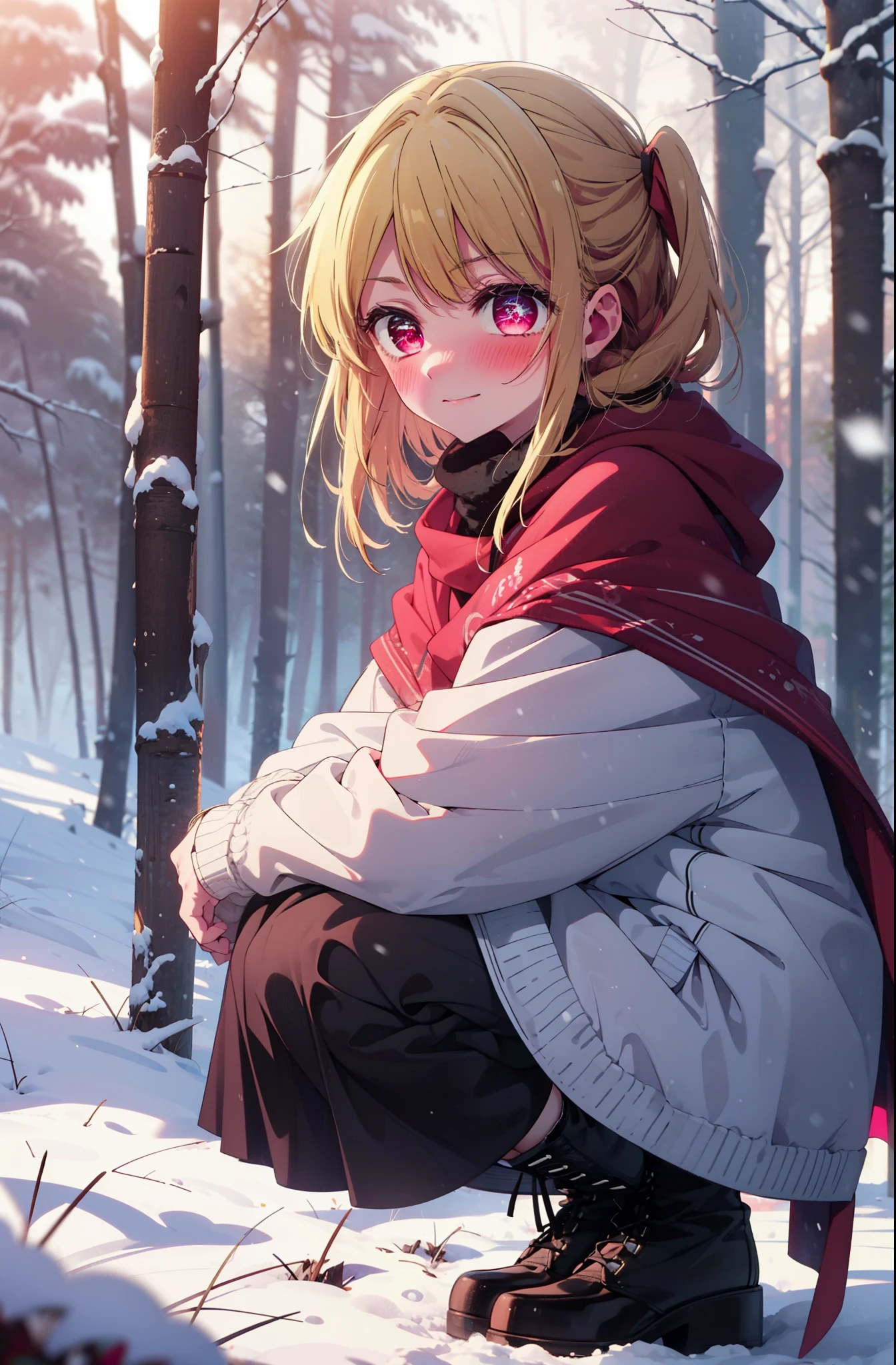 rubyhoshino, Hoshino Ruby, Long Hair, bangs, Blonde, (Pink Eyes:1.3), Side Lock, (Symbol-shaped pupil:1.5), Multicolored Hair, Two-tone hair, smile,,smile,blush,white breath,
Open your mouth,snow,Ground bonfire, Outdoor, boots, snowing, From the side, wood, suitcase, Cape, Blurred, , forest, White handbag, nature, Squat, Mouth closed, Cape, winter, Written boundary depth, Black shoes, red Cape break looking at viewer, Upper Body, whole body, break Outdoor, forest, nature, break (masterpiece:1.2), Highest quality, High resolution, unity 8k wallpaper, (shape:0.8), (Beautiful and beautiful eyes:1.6), Highly detailed face, Perfect lighting, Highly detailed CG, (Perfect hands, Perfect Anatomy),