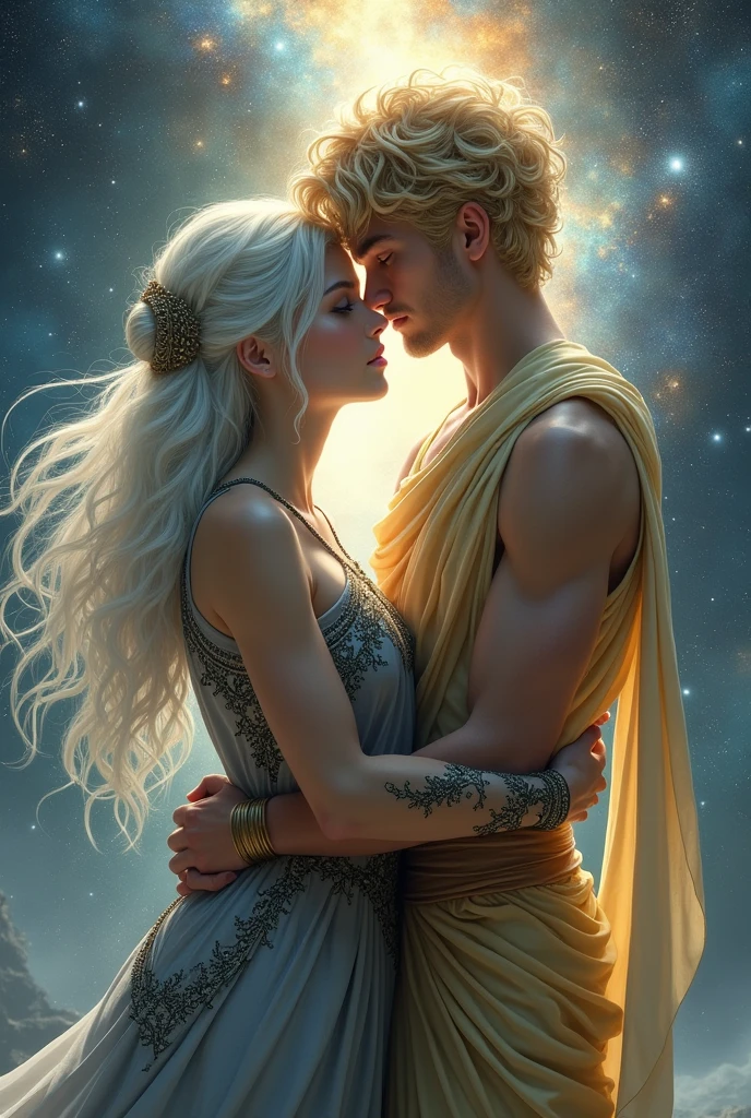 Un beau jeune homme aux cheveux blanc qui est le dieu de la lune accompagné d'un autre beau jeune homme blond qui est le dieu du soleil 