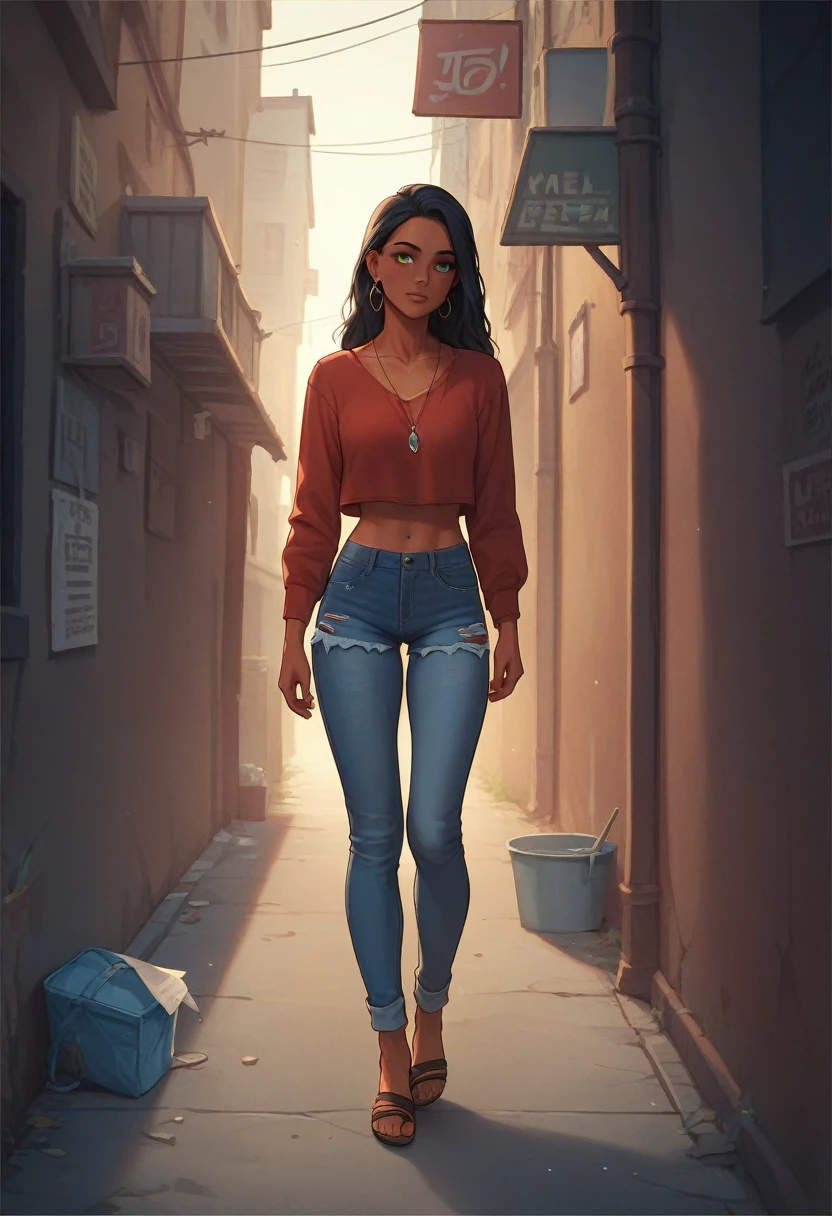 On a summer night, On a bustling street in the suburbs, A woman with tanned skin and long black hair catches everyone's attention. Dressed in a red body suit that fits her body perfectly, Jeans shorts and sandals with crystals, She walks down the alley, Leaving a trail of desire. 