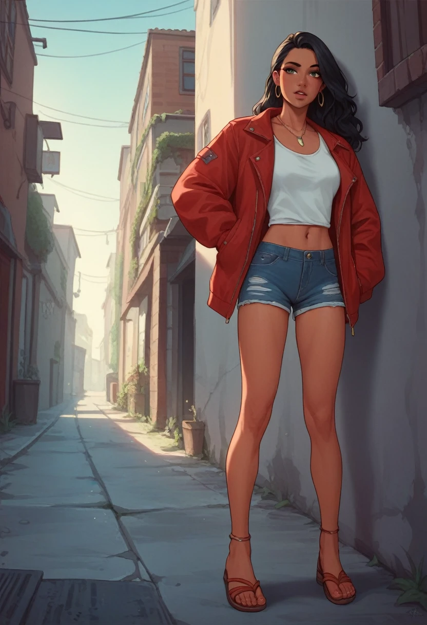 On a summer night, On a bustling street in the suburbs, A woman with tanned skin and long black hair catches everyone's attention. Dressed in a red body suit that fits her body perfectly, Jeans shorts and sandals with crystals, She walks down the alley, Leaving a trail of desire.