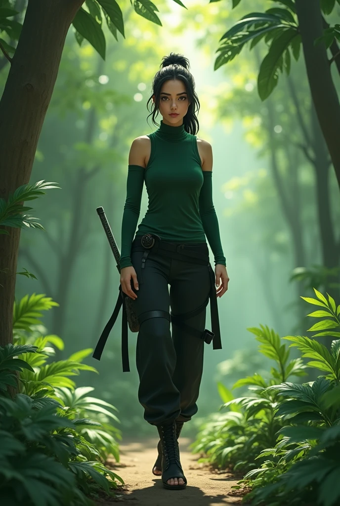 Leaf village Shinobi outfit for a female kunoici. Keep the outfit simple, sleek.