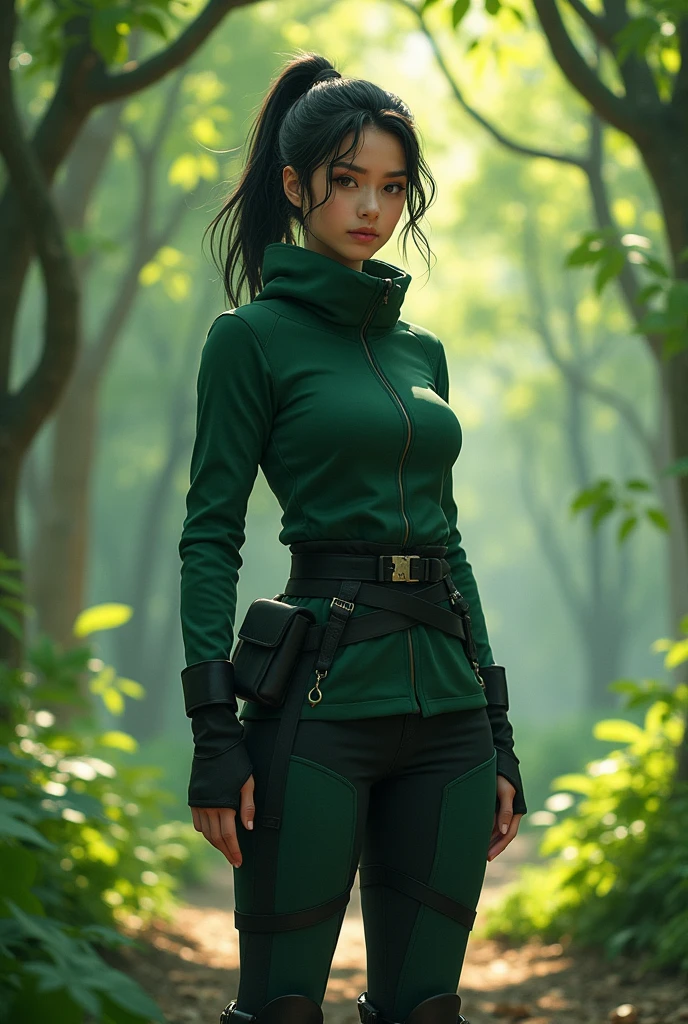 Leaf village Shinobi outfit for a female kunoici. Keep the outfit simple, sleek.