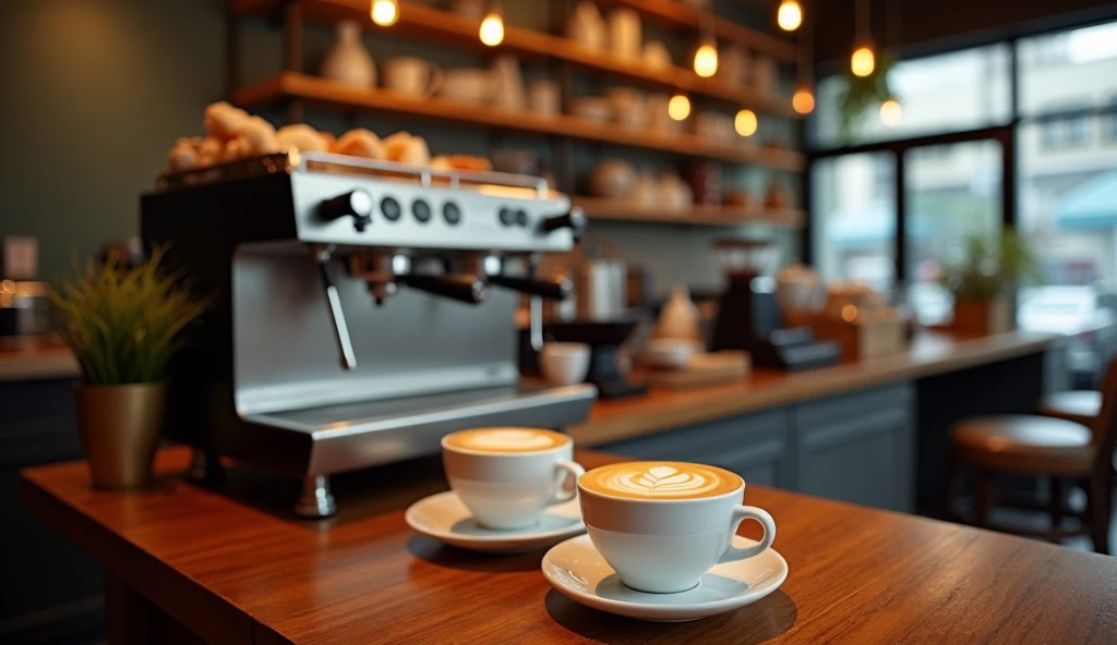Espresso machine,A few coffees on the counter,High-quality materials,Detailed Design,Rich aroma,Barista's expertise,steaming coffee,Cream foam,Aroma beans,(best quality,4K,8K,high resolution,masterpiece:1.2),Extremely detailed,(Practical,photoPractical,photo-Practical:1.37),Bright colors,Studio Lighting,Clear focus,professional,Barista's hand,Modern design,Fashionable Cafe,Comfortable atmosphere,Wooden countertops,Vanilla scent,Art latte art,Foamy cappuccino,Rich and flavorful espresso,Espresso beans,Caffeinated beverage,Carefully brewed,Pleasant aroma,Carefully crafted,Steaming milk swirl,Coffee grinder,Homemade pastries,Breakfast menu,Coffee culture,Caffeine boost,Start to an energetic day,Coffee lover's paradise.