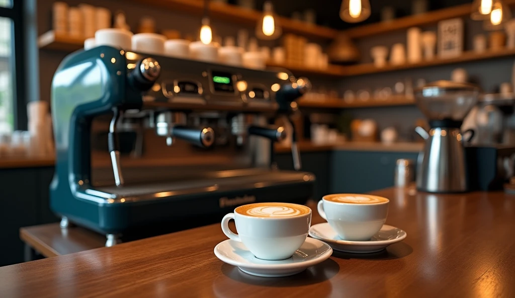 Espresso machine,A few coffees on the counter,High-quality materials,Detailed Design,Rich aroma,Barista's expertise,steaming coffee,Cream foam,Aroma beans,(best quality,4K,8K,high resolution,masterpiece:1.2),Extremely detailed,(Practical,photoPractical,photo-Practical:1.37),Bright colors,Studio Lighting,Clear focus,professional,Barista's hand,Modern design,Fashionable Cafe,Comfortable atmosphere,Wooden countertops,Vanilla scent,Art latte art,Foamy cappuccino,Rich and flavorful espresso,Espresso beans,Caffeinated beverage,Carefully brewed,Pleasant aroma,Carefully crafted,Steaming milk swirl,Coffee grinder,Homemade pastries,Breakfast menu,Coffee culture,Caffeine boost,Start to an energetic day,Coffee lover's paradise.