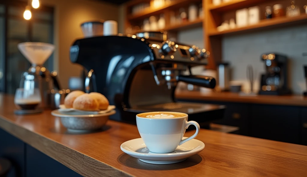 Espresso machine,A few coffees on the counter,High-quality materials,Detailed Design,Rich aroma,Barista's expertise,steaming coffee,Cream foam,Aroma beans,(best quality,4K,8K,high resolution,masterpiece:1.2),Extremely detailed,(Practical,photoPractical,photo-Practical:1.37),Bright colors,Studio Lighting,Clear focus,professional,Barista's hand,Modern design,Fashionable Cafe,Comfortable atmosphere,Wooden countertops,Vanilla scent,Art latte art,Foamy cappuccino,Rich and flavorful espresso,Espresso beans,Caffeinated beverage,Carefully brewed,Pleasant aroma,Carefully crafted,Steaming milk swirl,Coffee grinder,Homemade pastries,Breakfast menu,Coffee culture,Caffeine boost,Start to an energetic day,Coffee lover's paradise.