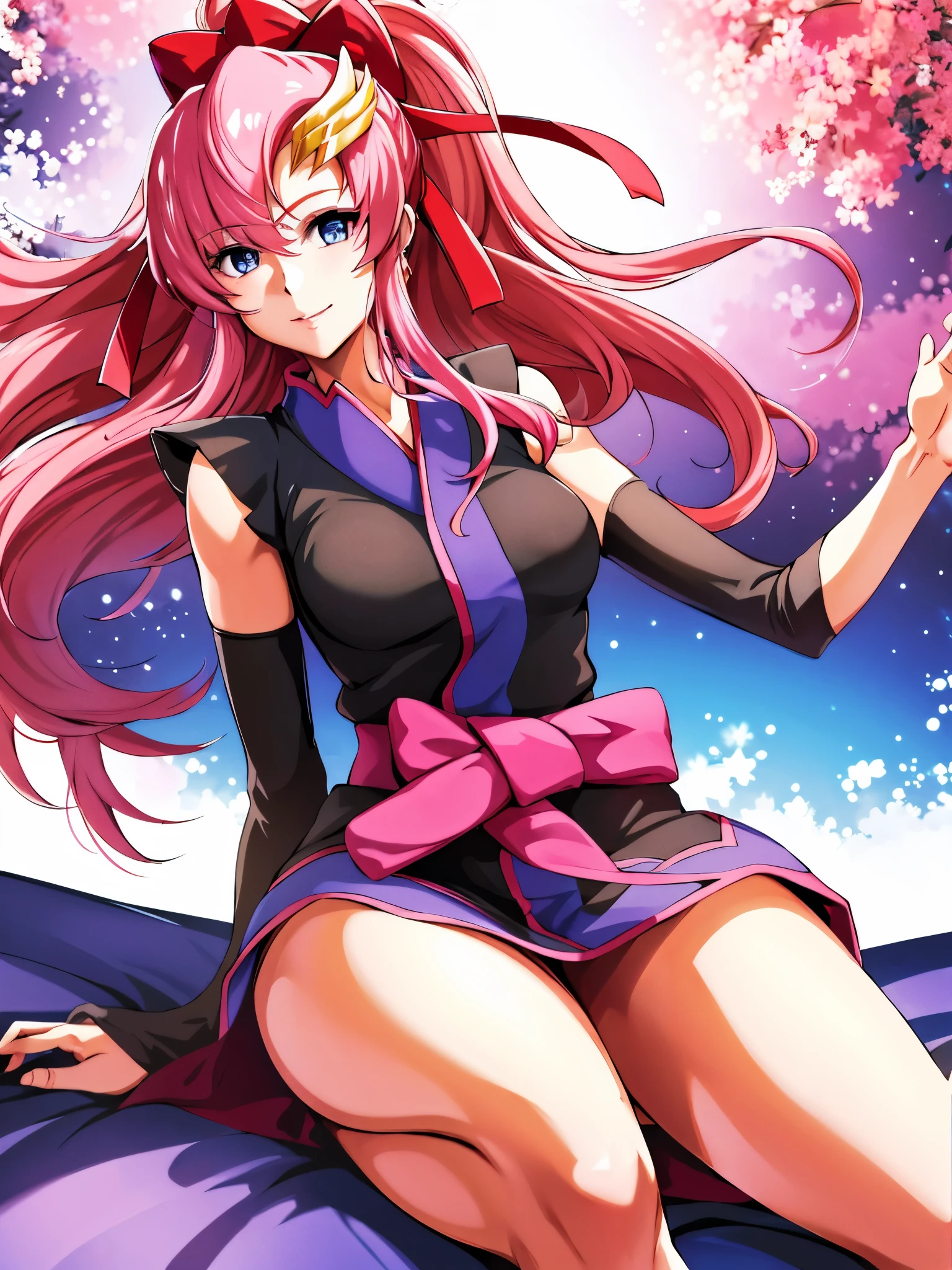 Armpit Show,masterpiece, highest quality, High resolution, Lacus 3, One girl, alone, Lacus 3, Pink Hair, Short kimono, blue eyes, hair ornaments, Very long hair, Black sleeves, No sleeve, kimono, bow, Black kimono, hair bow, ponytail, Floating Hair, Hair between the eyes, medium Breasts, Sitting, Sheet, Spaceship, smile, Underarm,, armpit, lttle biceps