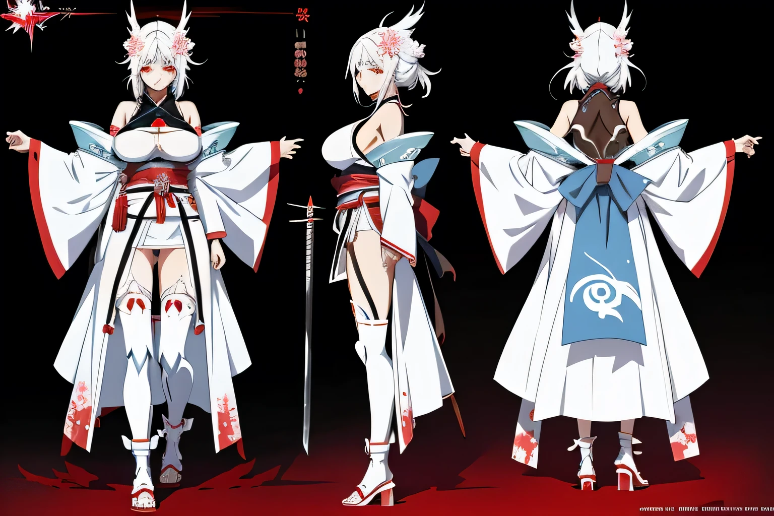 a character sheet image of a female character A beautiful anime girl, Kuchiki Rukia, enormous breasts, , camel toe, body-hugging kimono, beautiful detailed eyes, beautiful detailed lips, extremely detailed face and eyes, long eyelashes, holding katana, ice katana, snowy Japanese temple, sakura flowers, snow, winter landscape, intricate details, cinematic lighting, ethereal atmosphere, fantasy, manga style, vibrant colors, white and red color theme , ( ( concept character art ) ), trending on artstation pixiv, official character art, de arknights, anime character design