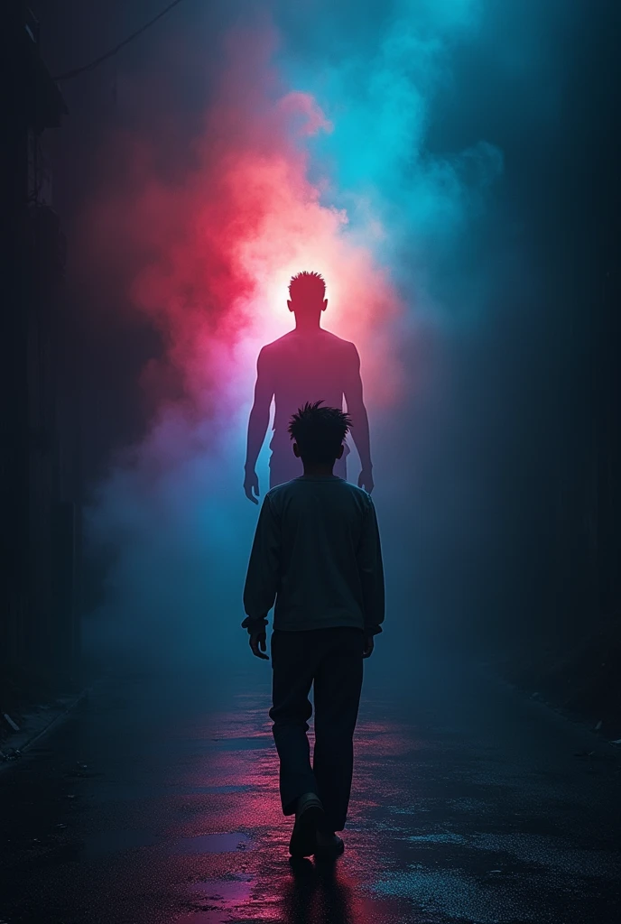 A young man coming from darkness describing all the suffering he had endured. But he is full of hope. Infront of him is a silhouette of his idol, Michael B Jordan, full of colors describing the upcoming prosperity and happiness he can achieve. The young man is walking towards the silhouette. Make the young man in decent cloth and with hair. Add Michel b jordan silhouette 