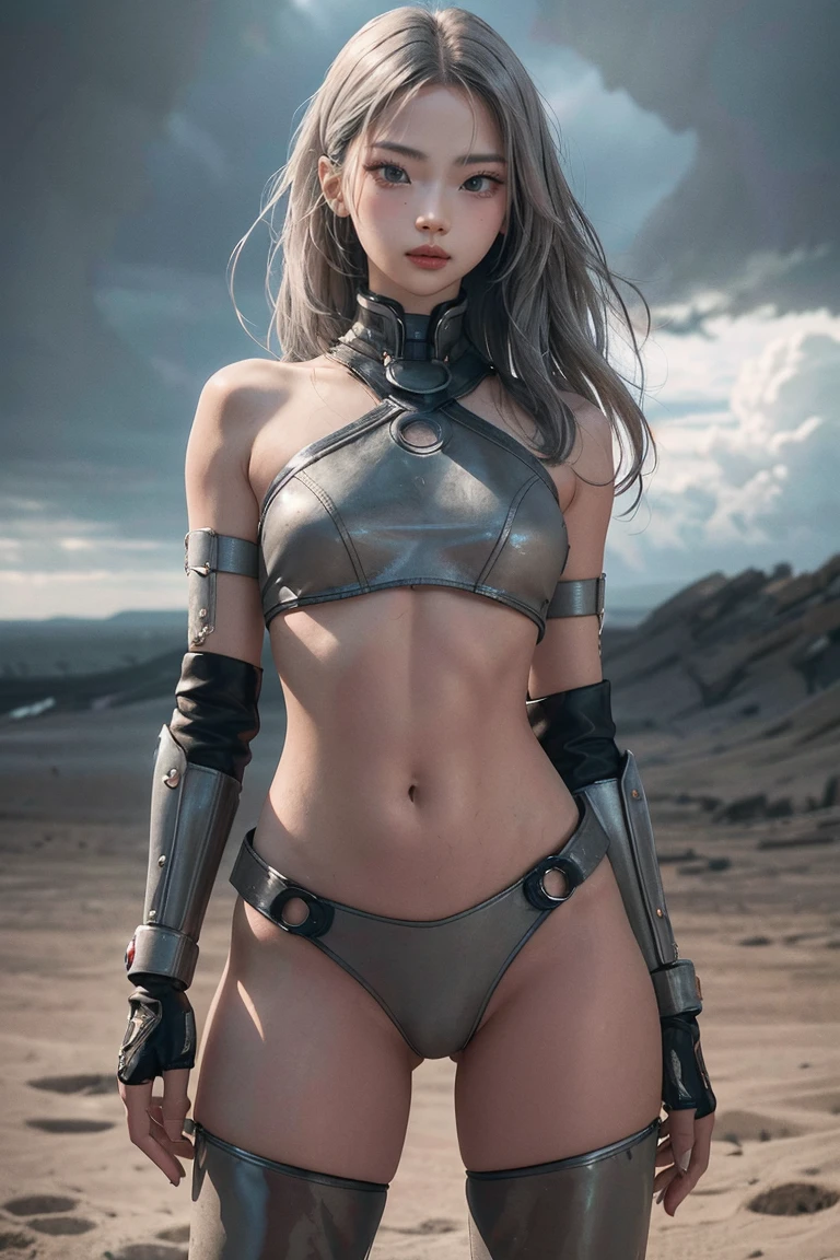 (1girl:1.3), solo, __body-parts__, Jennie face, doomsday wasteland style, dusty, stormy, dirty, gray tones, 8k resolution image, intricate symmetrical details. The whole picture is invincible and heroic, mainly a complete picture of a woman standing all over her body, with smooth movements and a confident expression.