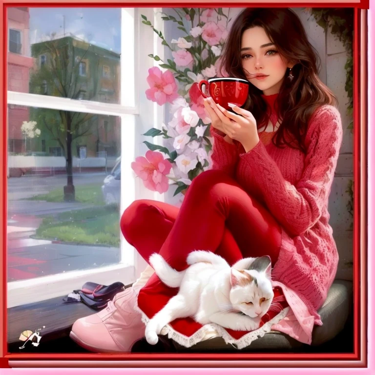 women árabe con un suéter rojo sosteniendo una taza de café con un gato, by Guity Novin, pink and red colors, kitten, cozy, Pink and red color style, inspired by Cindy Wright, pc, inspirational art, Sweet, inspired by Judy Takács, women, Dream Art, inspired by Melissa Benson, Beautiful art, inspired by Guity Novin