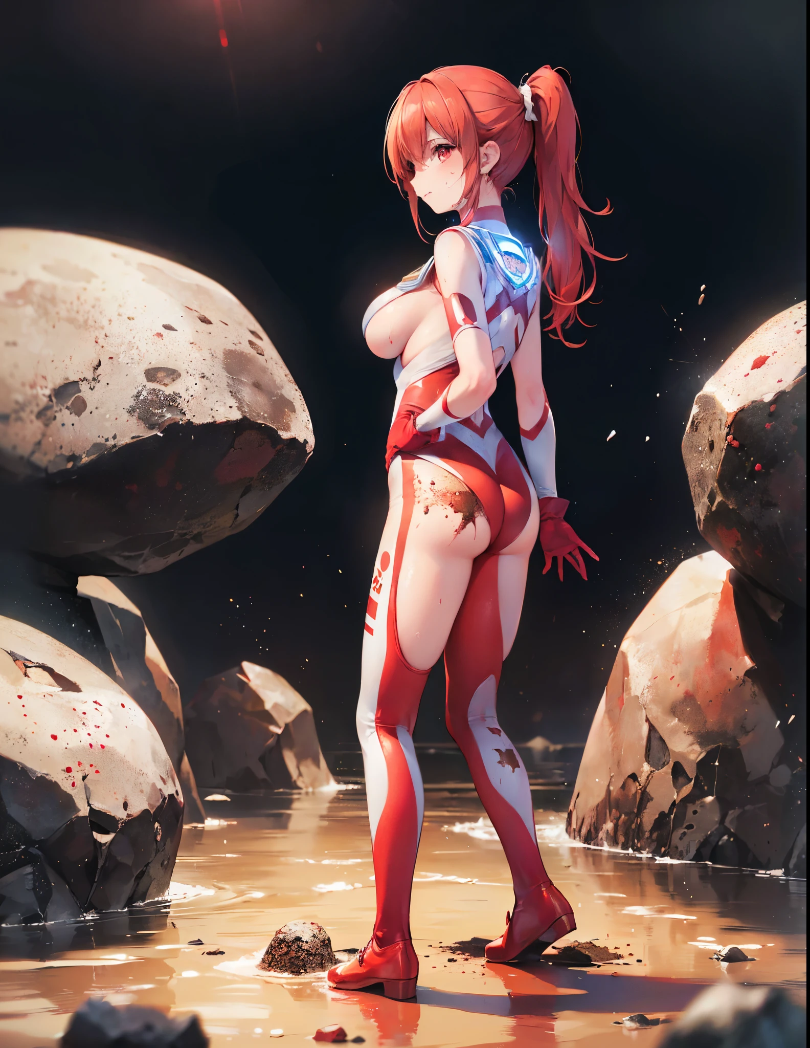 (Close-up:1.2),Realistic,Highest quality, Ultra Detail, High-quality CG rendering, The most delicate and beautiful, Floating softly, High resolution, (One huge person), (Highest quality,4K,8k,masterpiece:1.2),(All red hair:1.5), (ponytail:1.5),(Red eyes:1.5), (Ultra Girl:1.0), (All red Ultraman bodysuit:1.4),(Do not expose your skin:1.6),(Slightly larger breasts:1.5),(Red gloves:1.3),(Red Shoes:1.3),(whole body:1.3),(Are standing:1.3),(Plain surrounded by rocks:1.3),(Brown sandy ground:1.3),(sweating:1.3),(Wounded:1.3),(Brown mud stains:1.3),(front:1.4),(Turn your back to your audience:1.3)