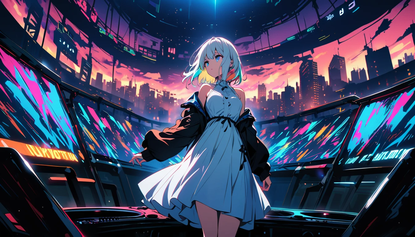 HD 8K Handsome sexy, Solitary, 1 female, Medium Length Hair, white hair, Rainbow hair, blue Eyes panoramic, in the night, looking away, outdoor, white dress, White clouds, graffiti Popularity spray art wall panoramic, vibrant, cityscape, Tokyo night sad,--v 6.0 background Hakata, Dj style,