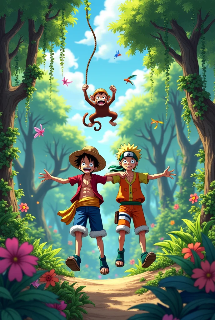 Create an image of Luffy and Naruto playing with monkey in jungle