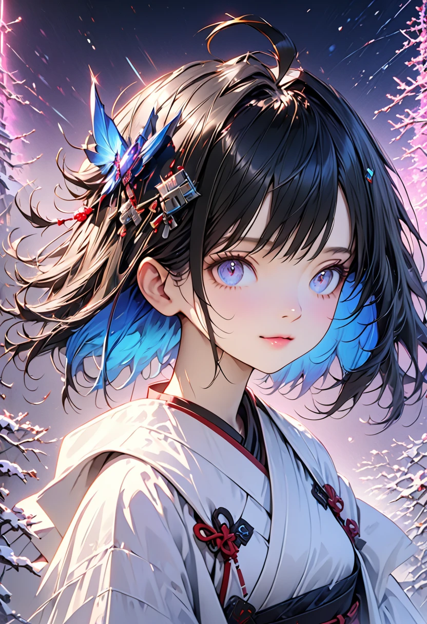 A beautiful girl with short black hair with a blue tip and violet color inner hair, cold expression, sharp beautiful blue eyes, short ahoge hair, subtle smile, fantasy theme background, modern cyberpunk style miko outfit, detailed hair ornament, extremely detailed and realistic face, eyes, hair, body proportions, dramatic lighting, (best quality,4k,8k,highres,masterpiece:1.2),ultra-detailed,(realistic,photorealistic,photo-realistic:1.37),studio lighting,ultra-fine painting,sharp focus,physically-based rendering,extreme detail description,professional,vivid colors,bokeh,concept art