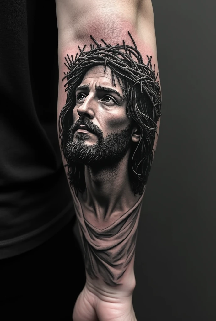 Black and grey tattoo of Jesus before being crucified 