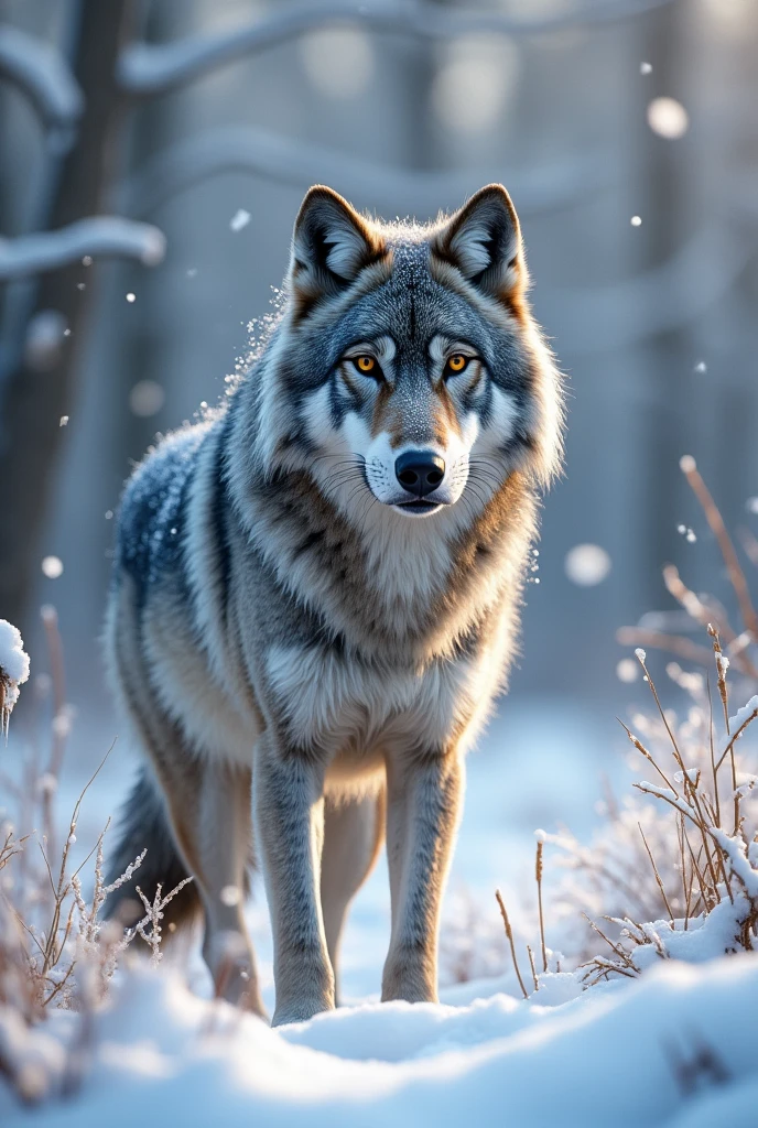 A gray wolf,Realistic and cute,Standing,The wolf in the snowy weather,Waiting for an opportunity,Catching wild rabbits