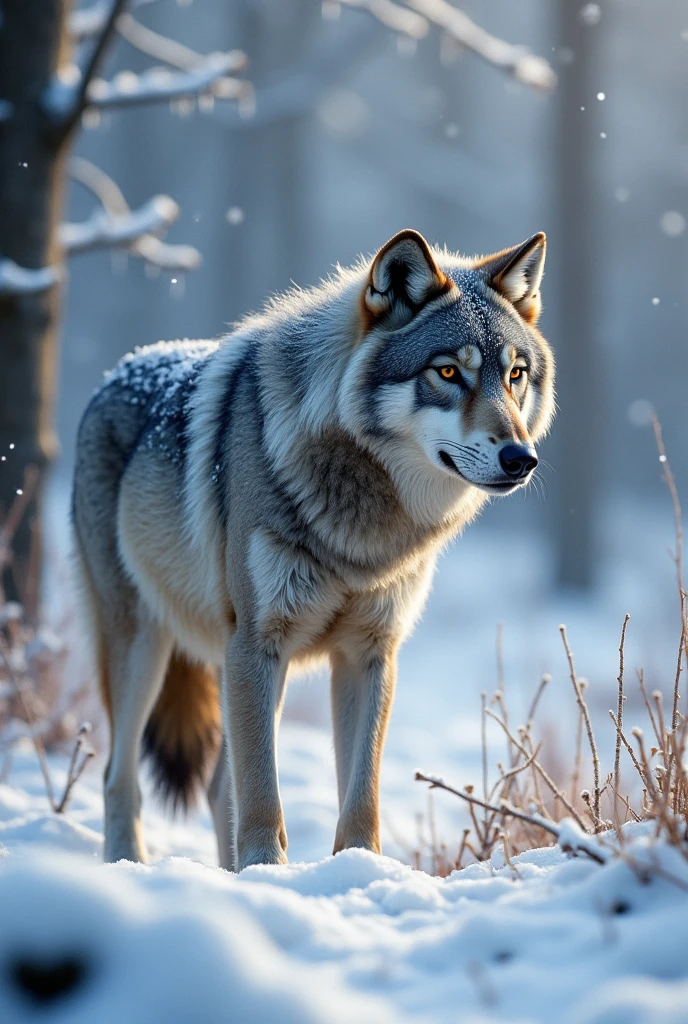 A gray wolf,Realistic and cute,Standing,The wolf in the snowy weather,Waiting for an opportunity,Catching wild rabbits