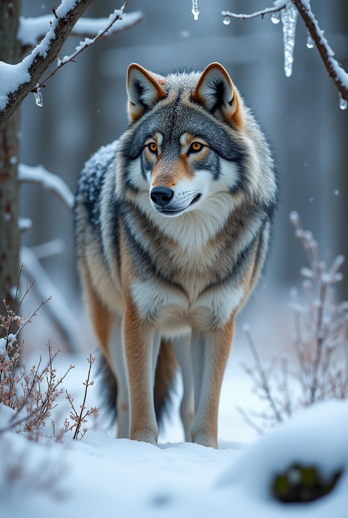 A gray wolf,Realistic and cute,Standing,The wolf in the snowy weather,Waiting for an opportunity,Catching wild rabbits