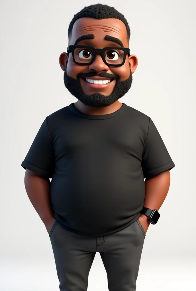 Create a full-body stylized 3D cartoon character of a middle-aged black man with a slightly overweight build. Render the character in a 'Pixar-like' or '3D Cartoon' style using 'Arnold Maya' or 'Keyshot Toon' engines for high-quality animation. Ensure the rendering includes detailed textures, detailed skin, a clay-like finish, and bokeh effects at 8K resolution (or the highest available). Use cinematic lighting with soft, diffused light to enhance skin details, and set the focus to be sharp, with the character fully in focus, and apply bokeh effects if there's any background (which should be transparent). Position the camera at a frontal angle to capture the character's face and full body. The character should have a friendly expression but without a smile, very short hair without a topknot, a trimmed and sparse beard with white hairs on the chin, two prominent vertical wrinkles on the forehead between the eyebrows, and a dark brown skin tone with a warm undertone. He should be equipped with modern black reading glasses, an oversized black t-shirt, dark gray pants without a belt, and a black smartwatch on his wrist.