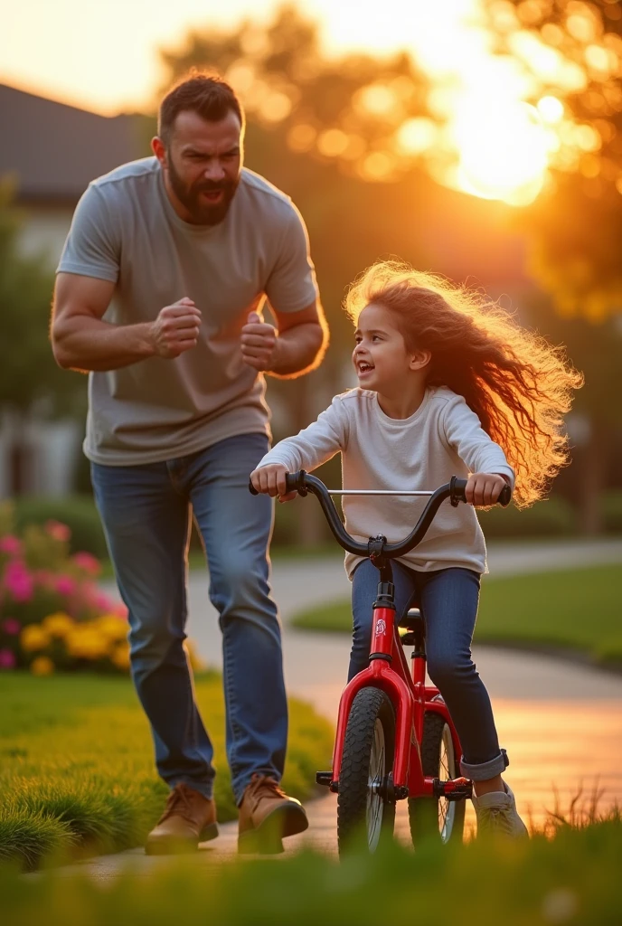 Very angry dad teaching his long curly haired daughter how to ride a bike