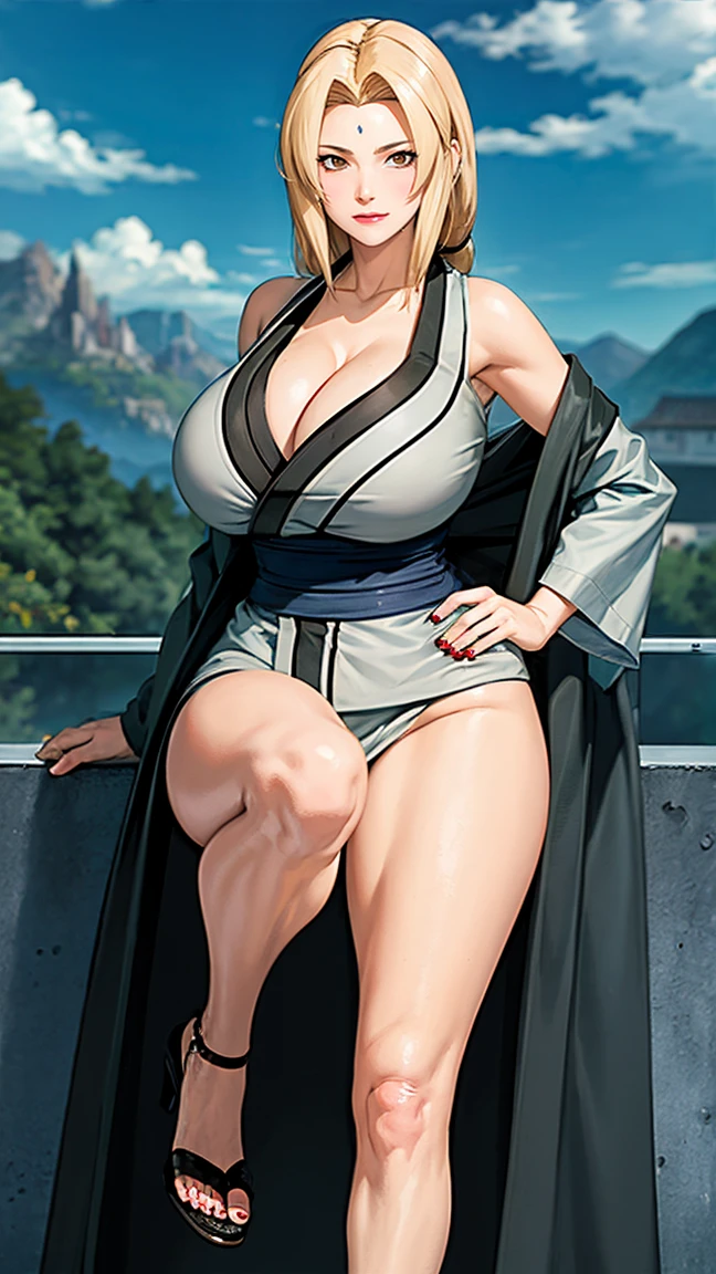 (big tits), ullbody, feet, high heels, slim waist, cleavage, good anatomy, masterpiece, best quality, 4k, 8k, professional photography, soft light, sharp focus, 1 girl, blonde hair, kimono, (mountain), clouds, blonde hair, parted banks, detailed face+brown eyes, smile, closed lips, lipstick, bookshelves, Big breasts ,pussy