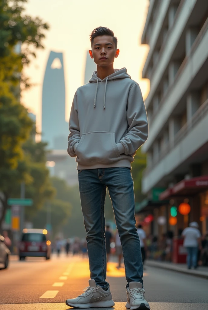 hyper-realistic Indonesian man, 18 years old, thin and short (short) wearing a hoodie and jeans, casual shoes ,hair style (short slicked back) Singapore background