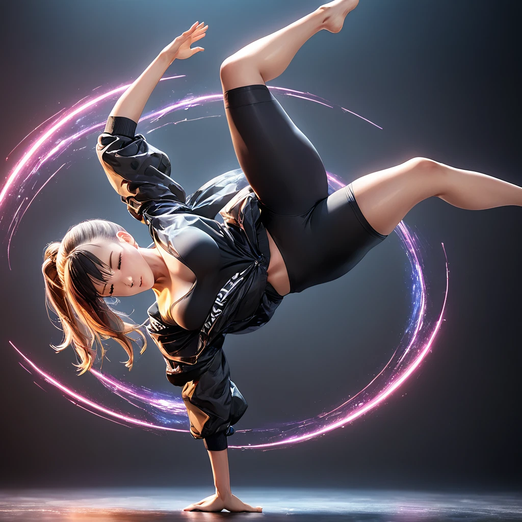 masterpiece、Highest quality、Highest quality、Detailed Description、beautiful、dynamic、art、young woman、ponytail、dynamic、Energetic、dance、Oversized tops、Pants Style、danceステージ、4K Graphics、 a close up of a person doing a handstand on a dynamic dancing pose, dynamic moving pose, dynamic pose realistic, dramatic floating pose, frantic dancing pose, synthetic curves striking pose, dynamic pose full body, full body with dynamic pose, acrobatic pose, full body dynamic pose, graceful body structure, perfect dynamic pose, dynamic energic pose