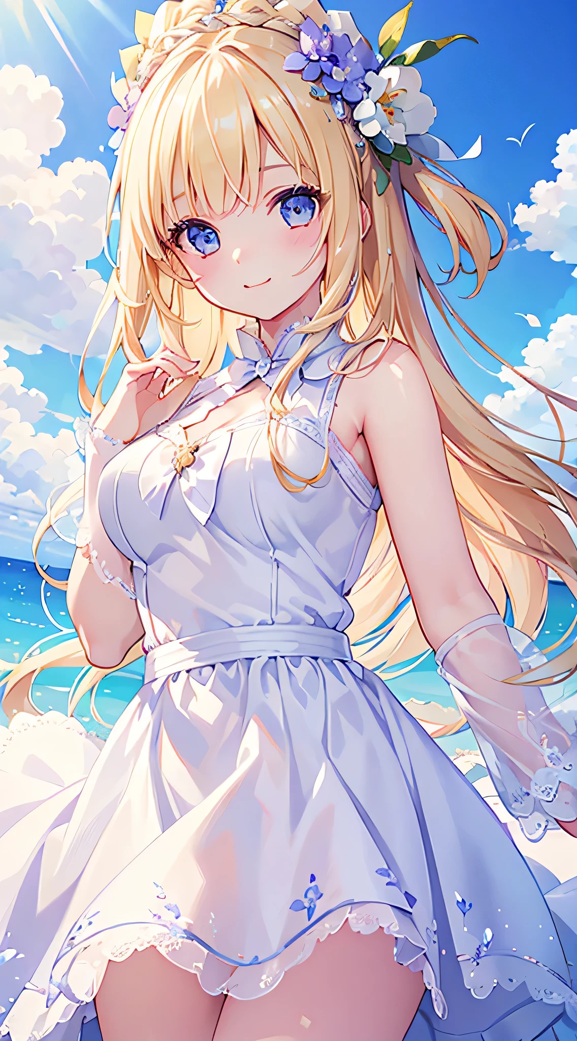 Highest quality,A masterpiece by one person,White dress,Magical girl,cute,Blonde,Floral ornament in the hair,Professional Lighting,blue sky,Smiling Physically Based Rendering,High resolution,(Clear Face),(Detailed face description),(Detailed hand description),(Fine facial features),View your viewers,Refraction of Light