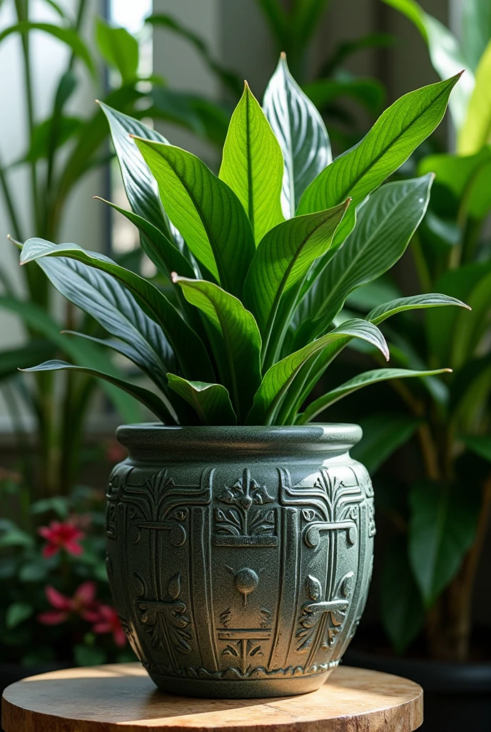 Create a plant pot with a finish that provides protection and features of the sword of ogun plant.