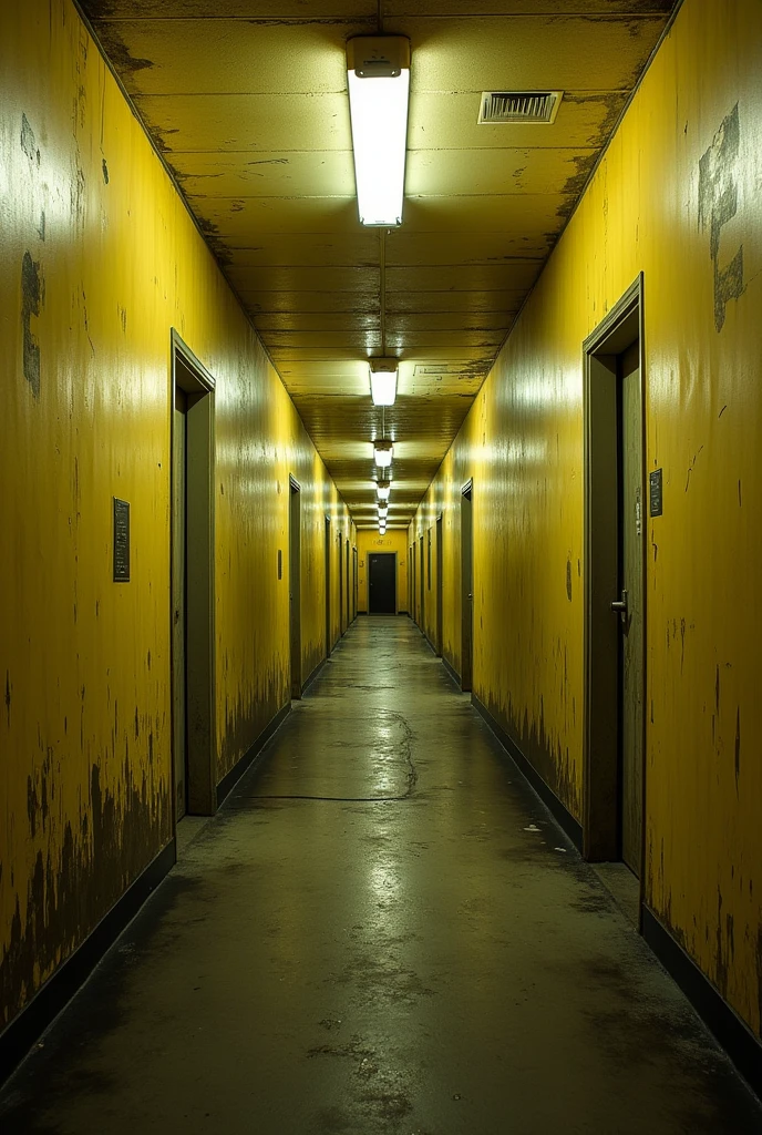 non-linear space, reminiscent of retail back rooms. All rooms look monotonous and share common features, such as yellow wallpaper, damp carpets and randomly placed fluorescent lamps.