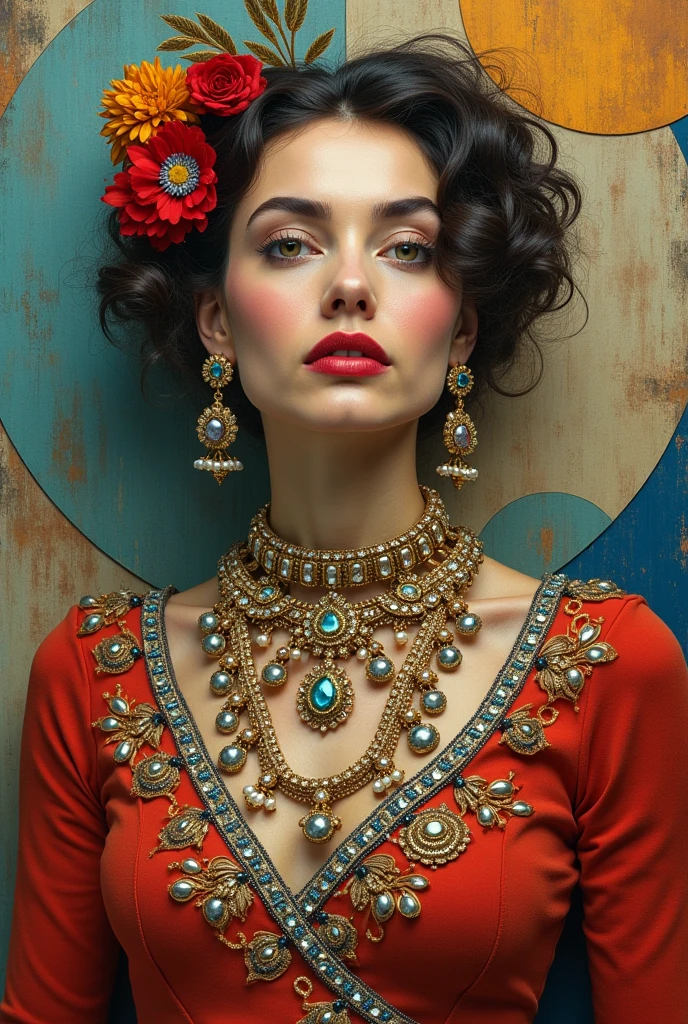 Woman wearing various antique jewelry in a cubist style