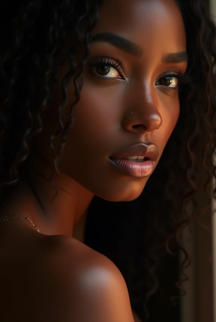 A detailed sexy nude african girl, beautiful detailed eyes, beautiful detailed lips, extremely detailed face and skin, longeyelashes, ((visible anus)), highly detailed, photorealistic, 8k, masterpiece, chiaroscuro lighting, dramatic shadows, warm color palette, cinematic composition