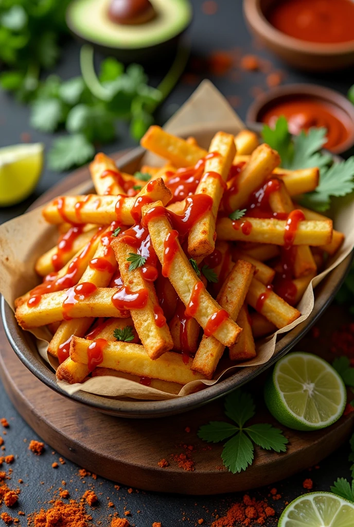 Fries in dish with chipotle sauce bawl along with the ingredients