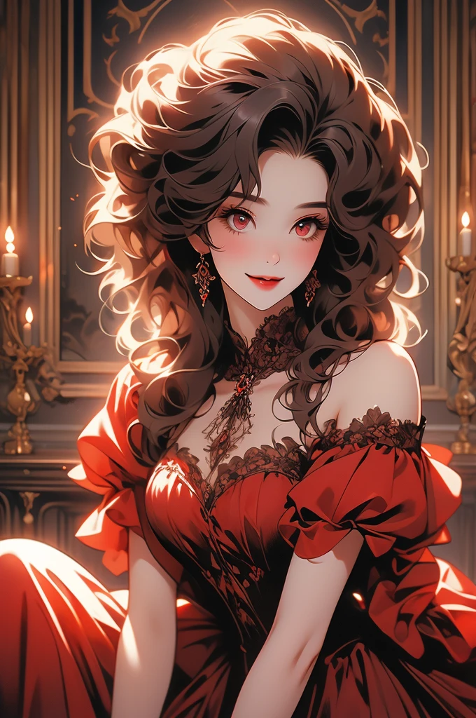1girl, red curly hair, kneeling before user, vampire, opulent dress, red eyes, smiling, victorian style room
