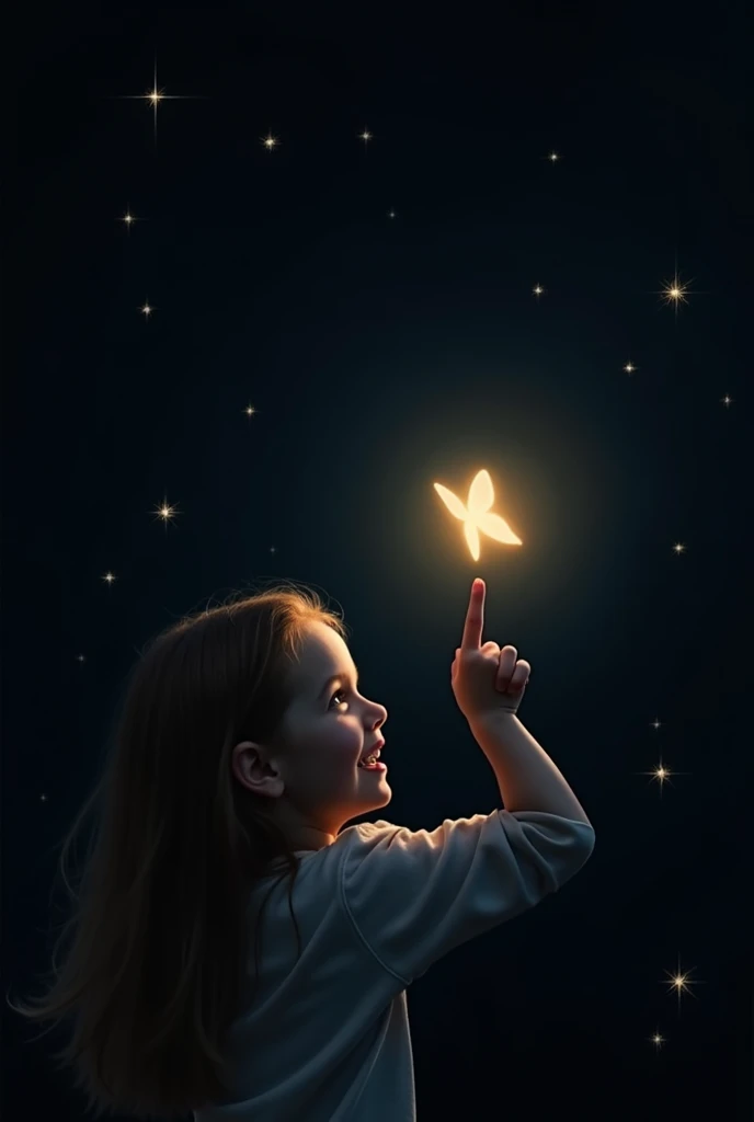 A Girl is pointing for butterfly and there is a shine from Butterfly and there is totaly dark only girl and butterfly visible and image background is bullish and small twinke and stars