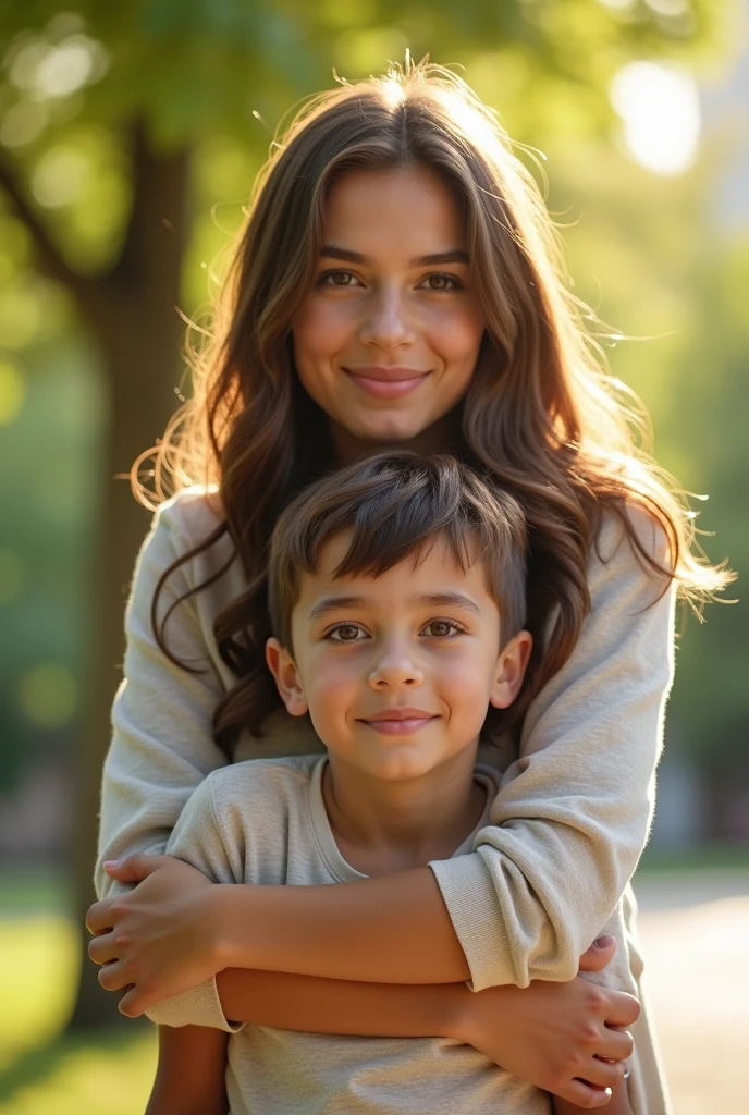 1adult_woman, 1young_boy, (perfectly detailed faces), mother and son, sexy fresh mother, 20yo mother with her 9yo son, (mother and son), hugging, boy standing behind his mother, full body, front view, topless woman, without the father