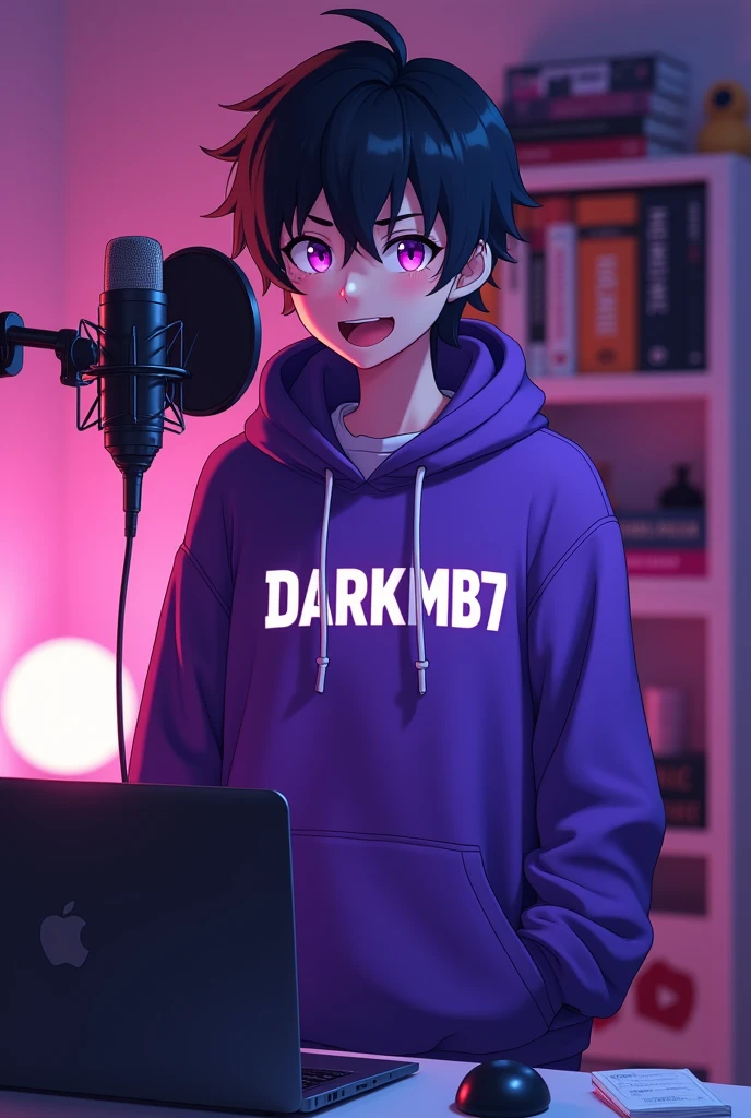 A photo in 16:9 size. A cute 17-year-old anime boy wearing a purple hoodie and text on his hoodie the text is DARKMB7 and is in a YouTube studio with purple lights and a microphone in front of him and a laptop on his desk. Behind him is a book written by ATOMIC HABIT