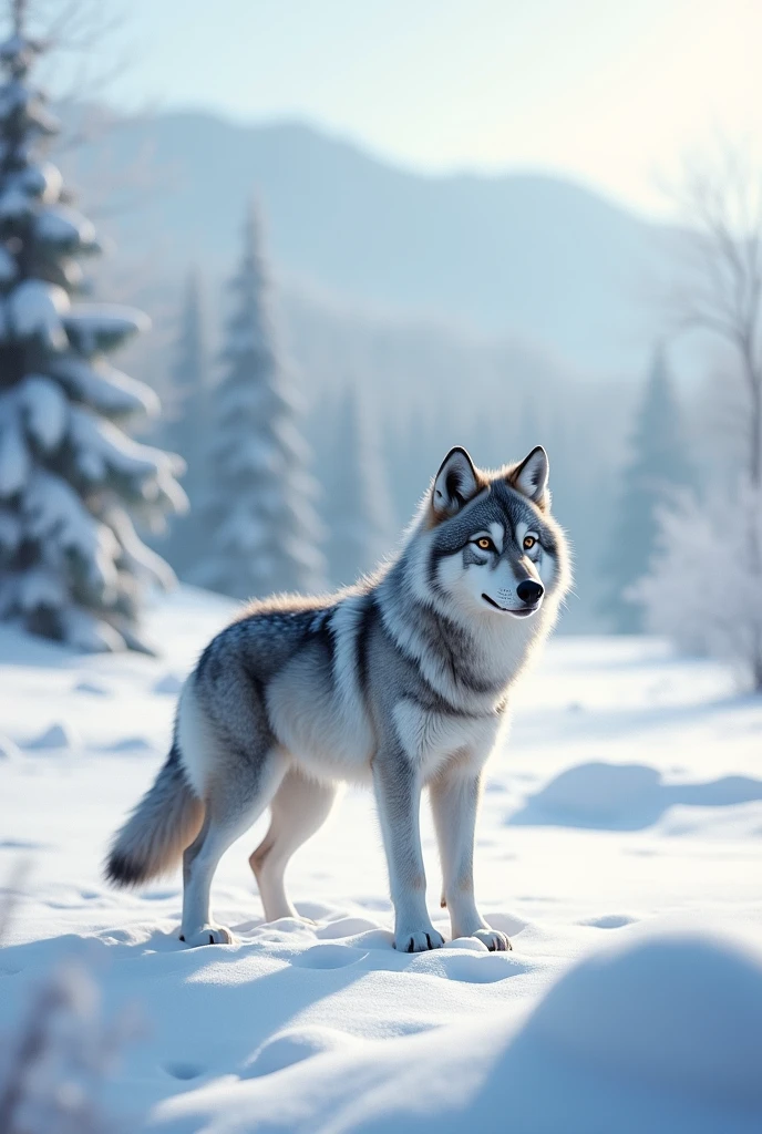 A gray wolf,Realistic cute style,Standing,In the snowy landscape,Waiting for an opportunity,Catching wild rabbits