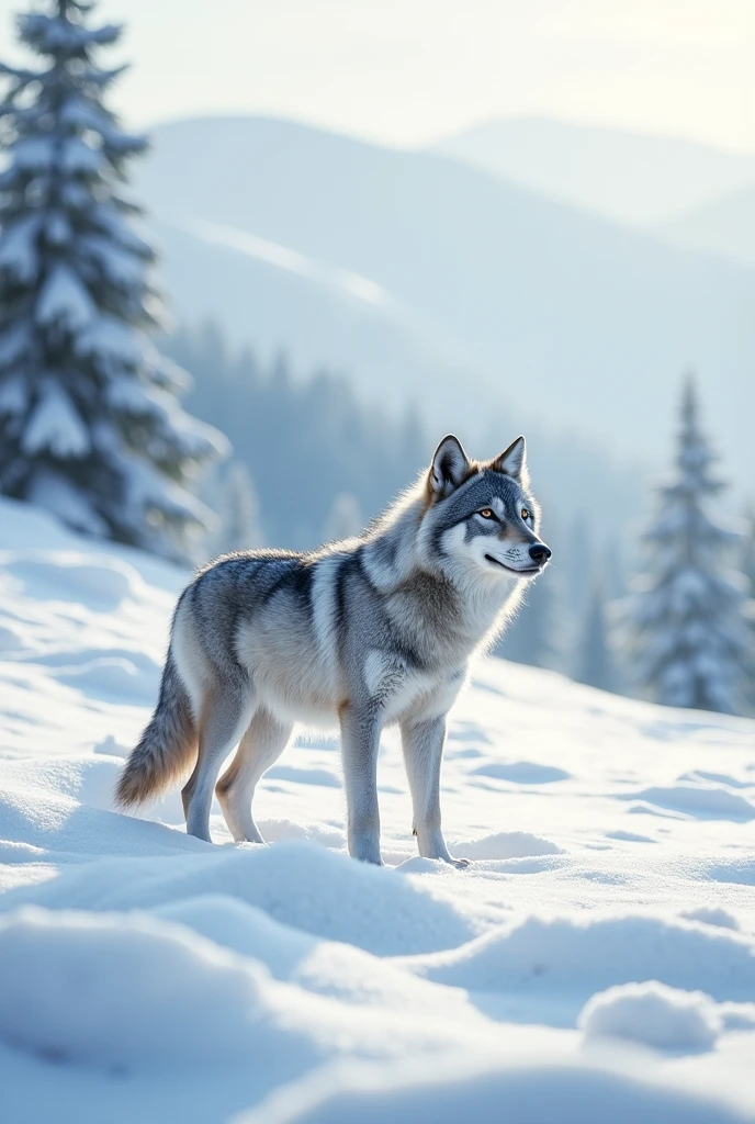 A gray wolf,Realistic cute style,Standing,In the snowy landscape,Waiting for an opportunity,Catching wild rabbits