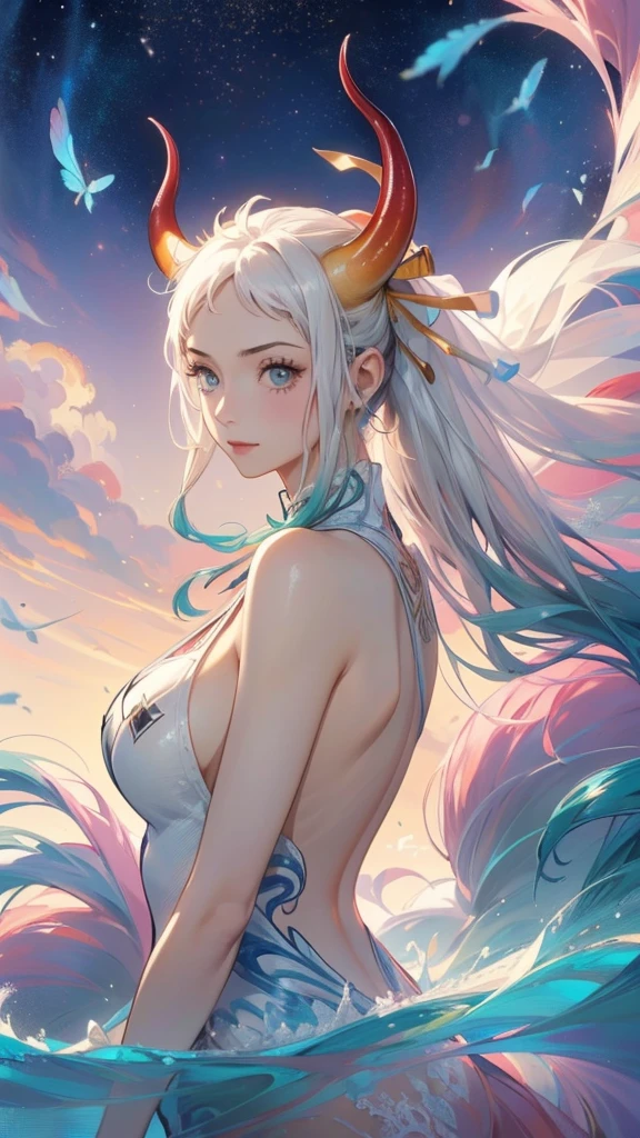 Official Art, Unity,8k wallpaper, Correct Anatomy，Very detailedな, Beautiful yet fleeting、((Two horns growing from the head))Japan、beautiful, masterpiece,((One Woman)) Highest quality,White flower, ((Large Breasts))Flower Ecstasy, Very detailed, Light blue hair、((Randomly々Angle))Dynamic Angle, ((Yamato), ((beautifulウェディングドレス))The most beautiful form of chaos, ((Slim body)).elegant, Vibrant colors,((wedding)) Romanticism, James Jean, Robbie Dawi Anton, Ross Tran, Francis Bacon, It was very cold, Petra Cortright, Gerhard Richter, takato yamamoto, Ashley Wood, Atmospheric,((smile),((大きなbeautifulステンドグラス))