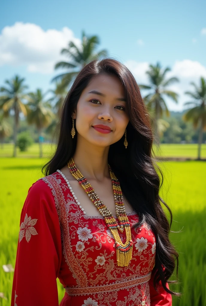 a beautiful woman wearing traditional West Sulawesi clothes, red and white with an Indonesian background