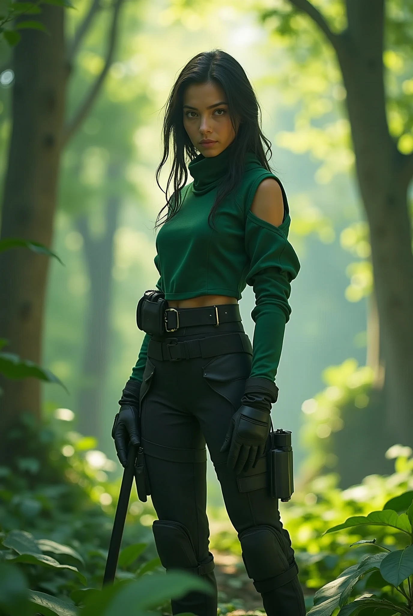 Leaf village Shinobi outfit for a female kunoici. Keep the outfit simple, sleek.