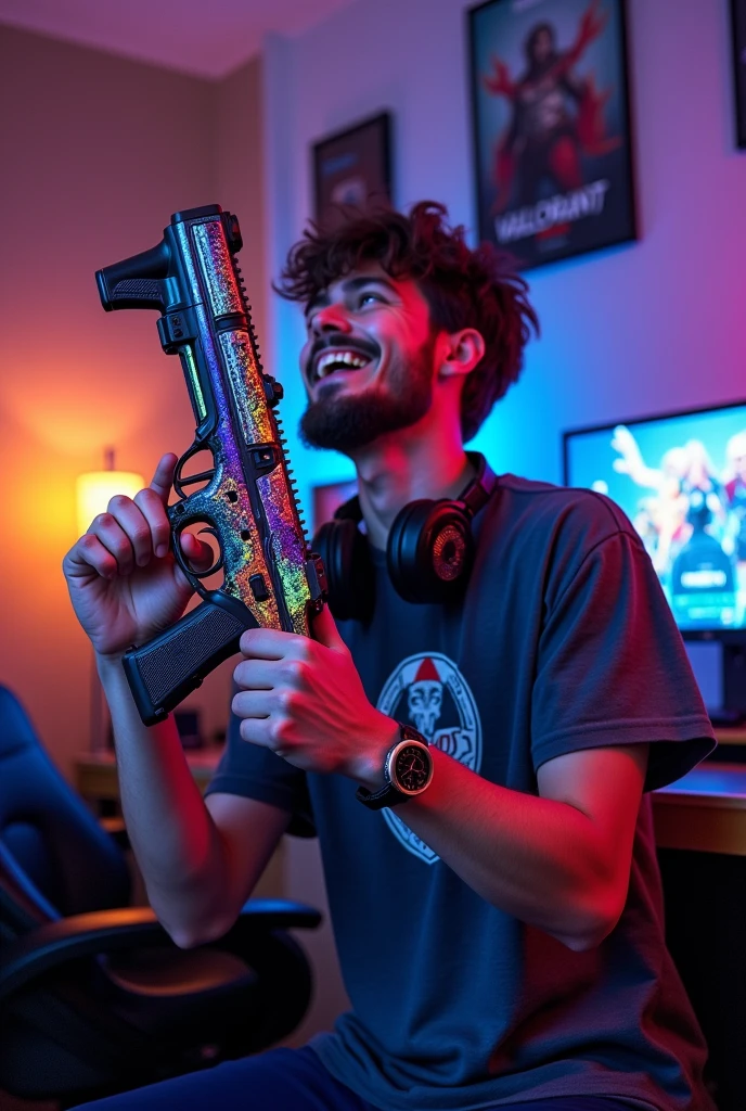 A man who gets the gun skin he wants in valorant and he he is holding that skin