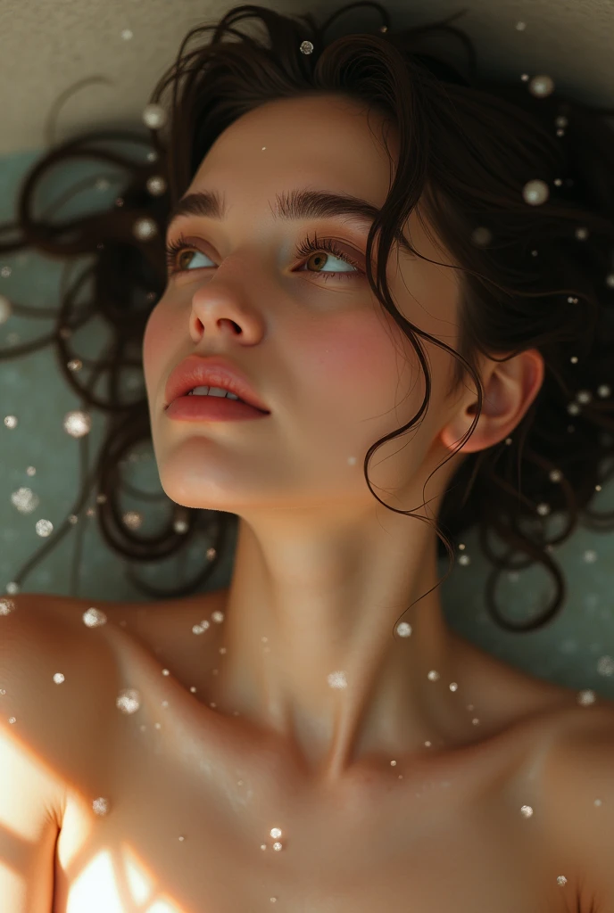 1girl, , nude, lying in shower, water droplets, soft skin, detailed face, beautiful eyes, long eyelashes, delicate features, porcelain skin, vulnerable expression, cinematic lighting, realistic, photorealistic, masterpiece, 8k, ultra-detailed, sharp focus, studio lighting, vivid colors, warm color tones