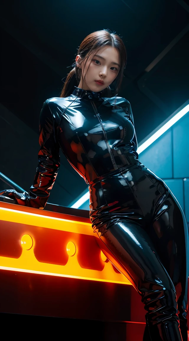 solo, super fine photo, portrait Unreal Engine 5 8K UHD of beautiful girl in a skin tight black latex outfit with blue neon light details, slick black catsuit, black iconic character, smooth black skin, black body, PVC, some black, glossy latex suit, rubber suit, rubber belts, collar, rubber glove, rubber high boots, arm and leg cuffs, straps, cyberpunk world, best quality, masterpiece, official art, unified 8k wallpaper, super detailed, sharp focus, dynamic pose, body parts, no extra limbs, precisely anatomy