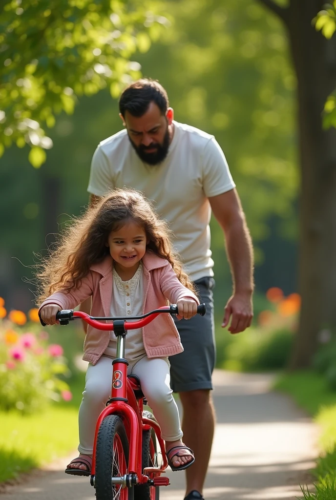 Angry dad teaching his daughter with curly, long hair to ride a bike, while she cries.