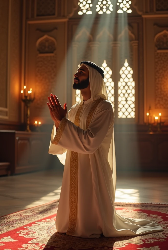 Create a wonderful image,young man is very beautiful ,image is old about 1400 hundred years ago,of a young man he is wearing full arab dress and he is standing a beautiful room and pray to allah