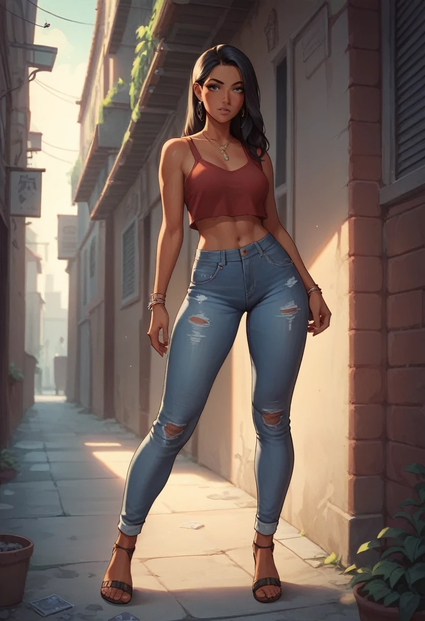 On a summer night, On a bustling street in the suburbs, A woman with tanned skin and long black hair catches everyone's attention. She's wearing a provocative red top that fits her body perfectly., Jeans shorts and sandals with crystals, She walks down the alley, Leaving a trail of desire. 