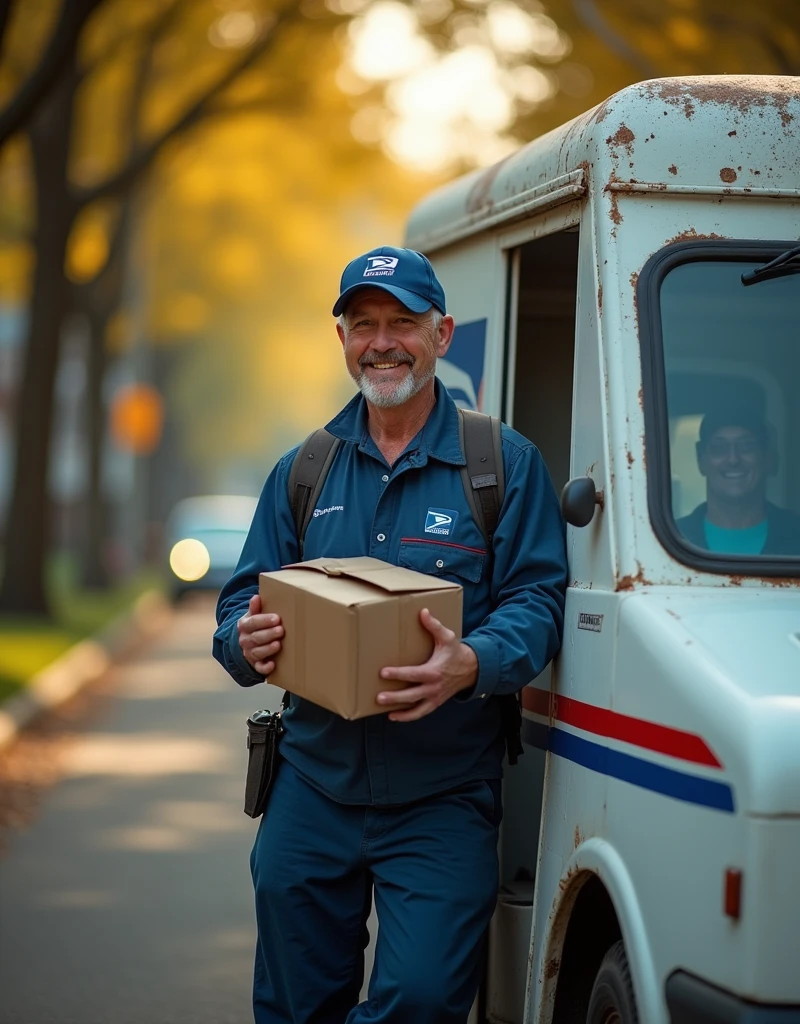 a postman driving a postal delivery van, high quality, realistic, detailed, photorealistic, 3D, cinematic lighting, detailed facial features, detailed clothing, detailed environment, detailed textures, detailed lighting, vivid colors, dynamic composition, volumetric lighting, depth of field, cinematic color grading, professional photography, award-winning photograph
