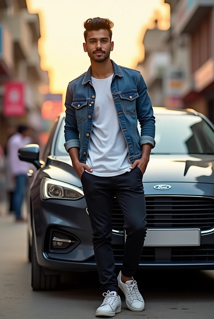 A hendsam 23 years Indian helthy rajput boy with modern dress at a Ford